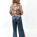 blue satin pant with flared leg