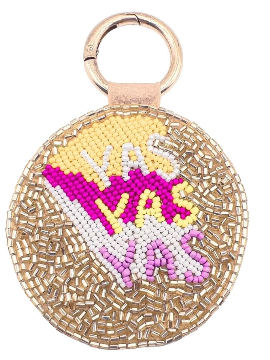 Pink and gold beaded keychain