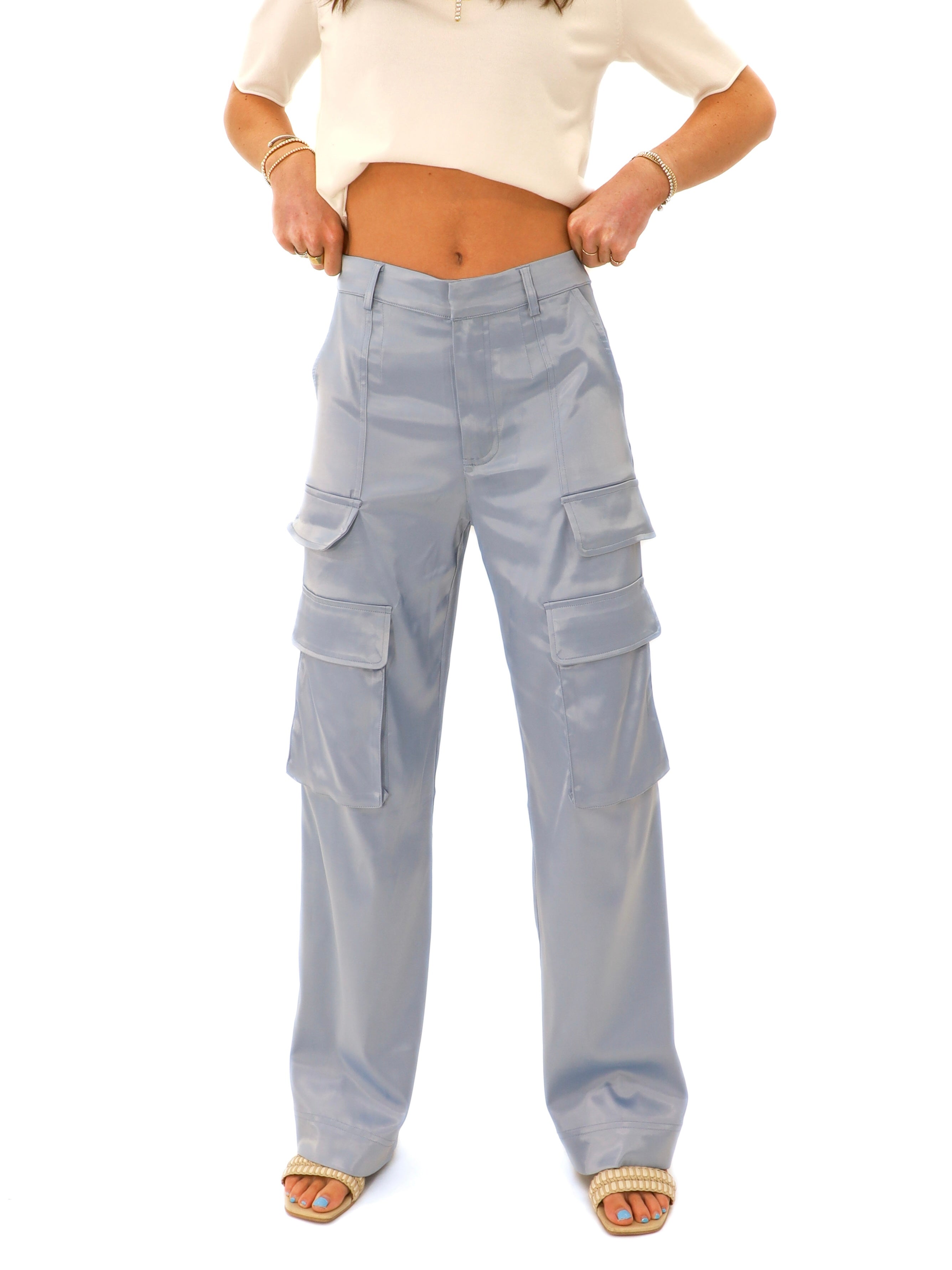High waisted blue silk pant