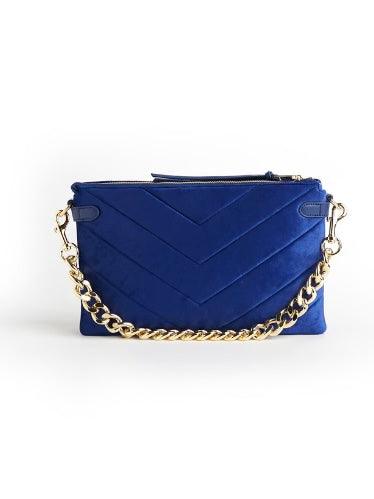 royal blue velvet purse with gold chain