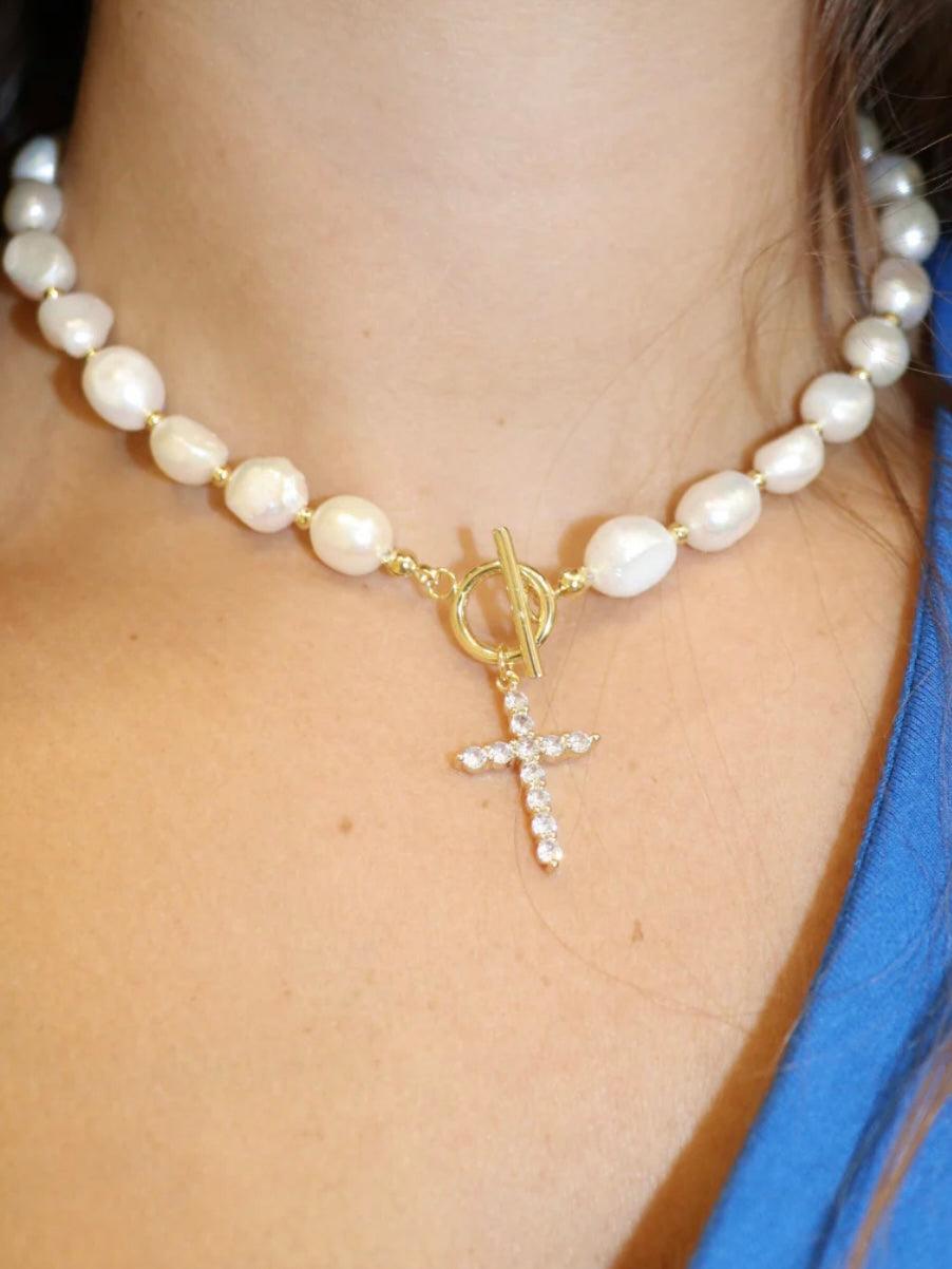 Bezel Cross Necklace With Pearls - Alden+Rose LLC