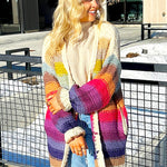oversized knit cardigan, rainbow stripe pattern open front and pockets on both sides