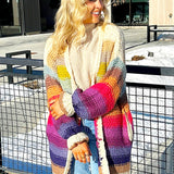 oversized knit cardigan, rainbow stripe pattern open front and pockets on both sides