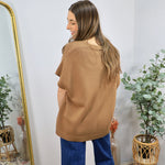 Camel brown short-sleeve oversized knit sweater top styled with wide-leg blue denim jeans, back view.