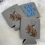 Grey foam can koozie featuring illustrated wildcat riding a bear, with "Go Cats Go" in bold blue text.