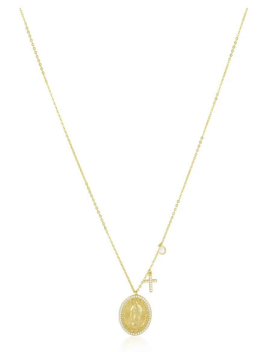 Gold Virgin Mary oval medallion necklace with pavé cross charm and CZ accent on delicate chain