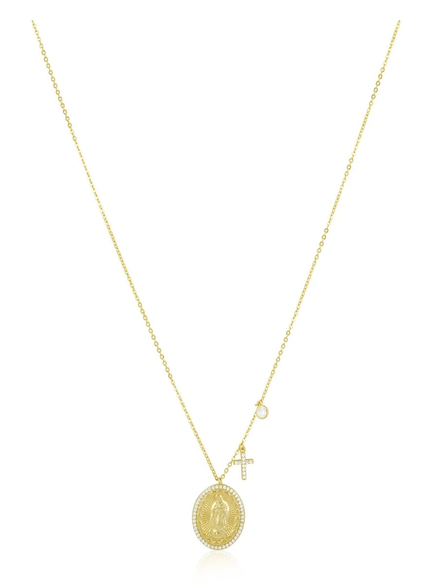 Gold Virgin Mary oval medallion necklace with pavé cross charm and CZ accent on delicate chain