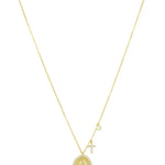 Gold Virgin Mary oval medallion necklace with pavé cross charm and CZ accent on delicate chain