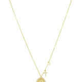 Gold Virgin Mary oval medallion necklace with pavé cross charm and CZ accent on delicate chain