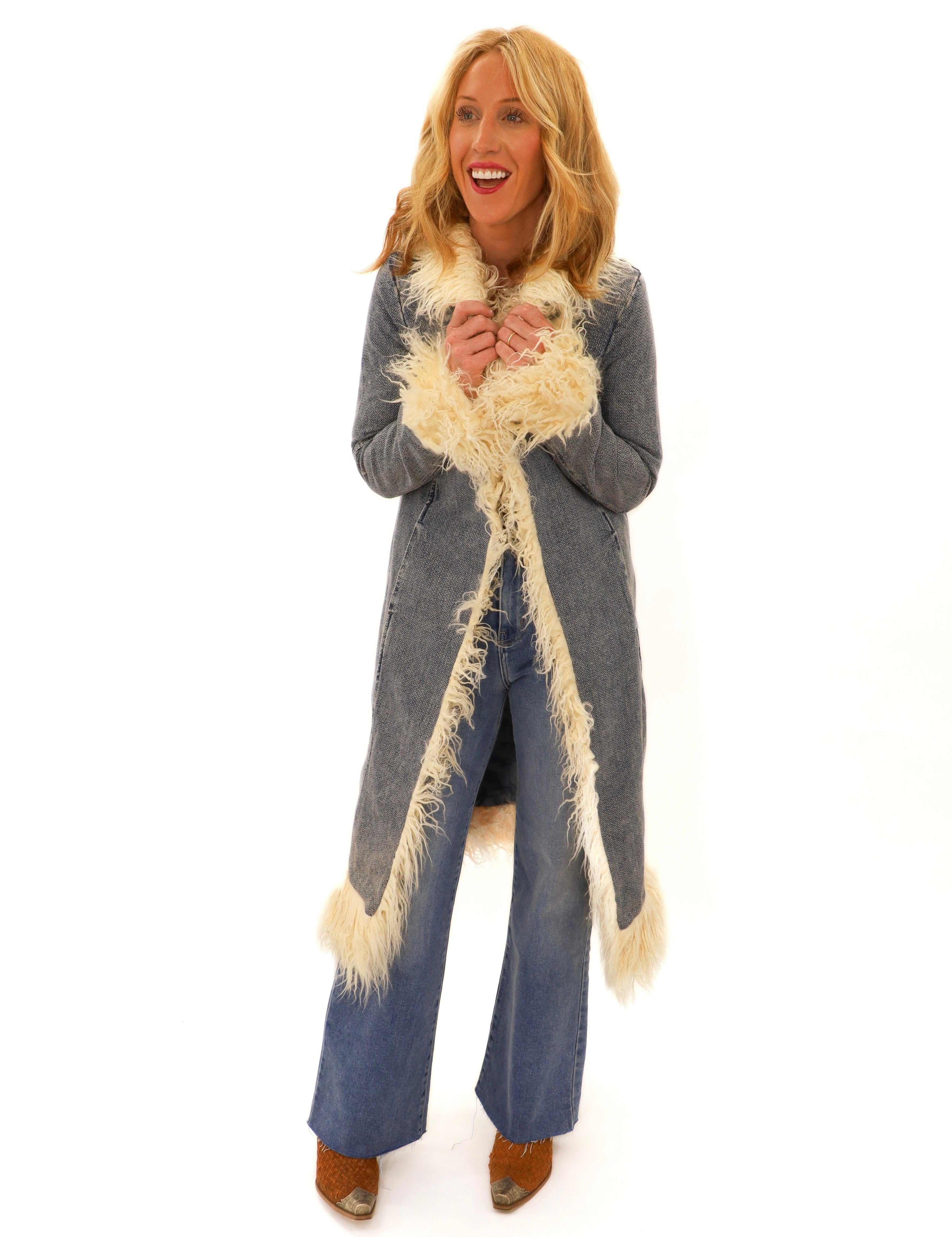 fur jacket with denim detail