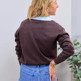 Brown knit sweater layered over light blue collared shirt, paired with blue jeans, back view.