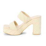 Cream woven raffia platform mule sandal with double straps and chunky block heel.