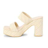 Cream woven raffia platform mule sandal with double straps and chunky block heel.