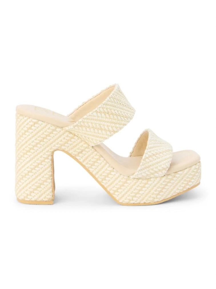 Cream woven raffia platform mule sandal with double straps and chunky block heel.