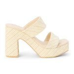 Cream woven raffia platform mule sandal with double straps and chunky block heel.