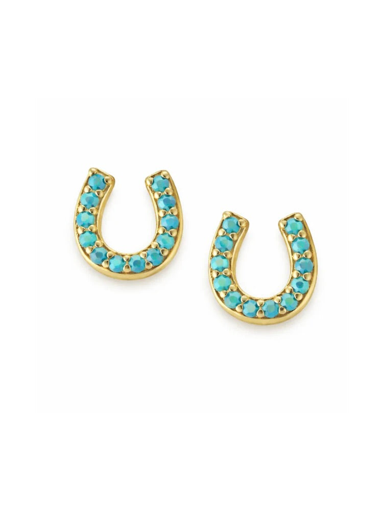 Gold horseshoe stud earrings with turquoise stones in pavé setting