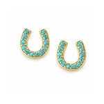 Gold horseshoe stud earrings with turquoise stones in pavé setting