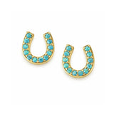 Gold horseshoe stud earrings with turquoise stones in pavé setting