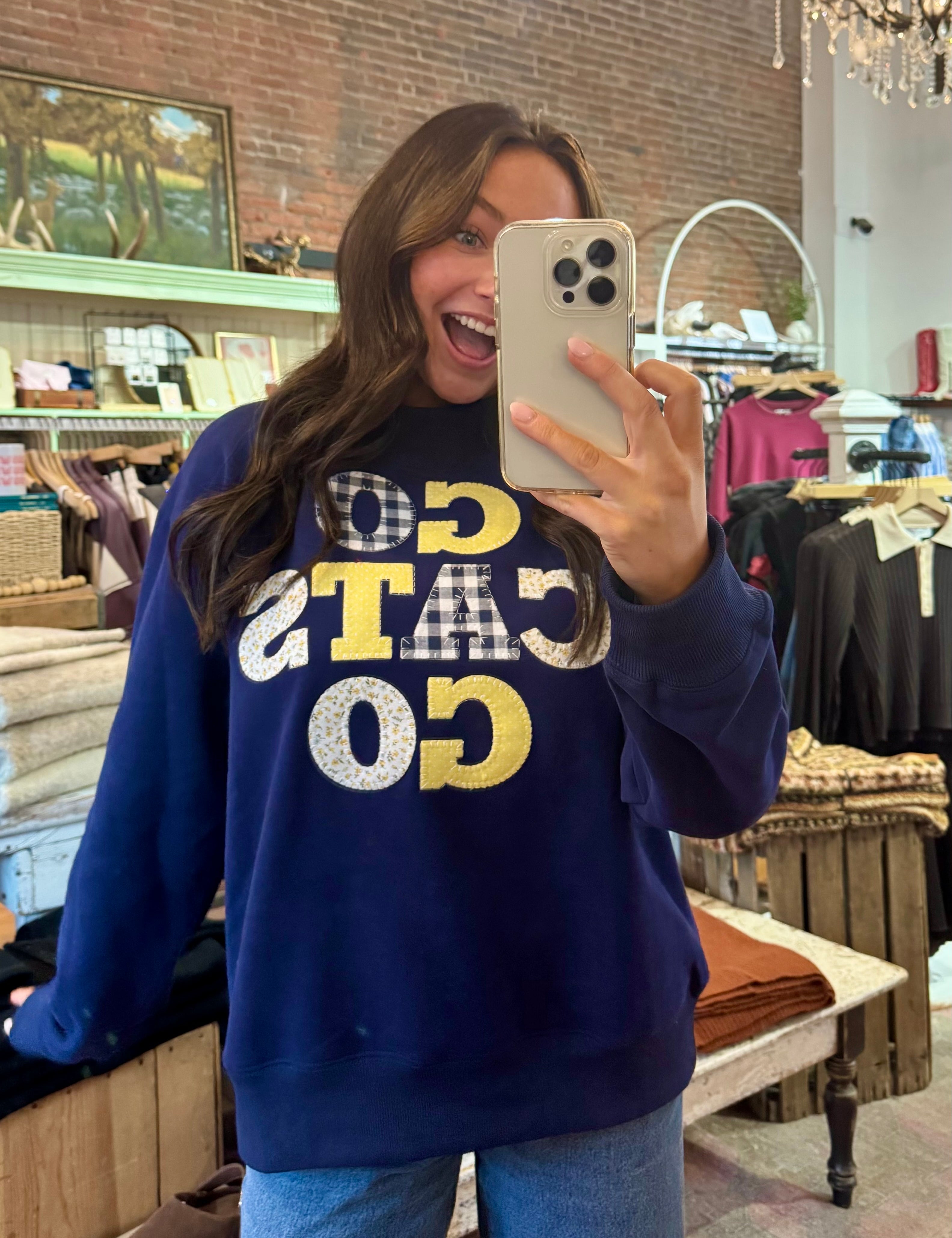 Navy blue "Go Cats Go" graphic sweatshirt with patchwork appliqué lettering in gold and gingham patterns.