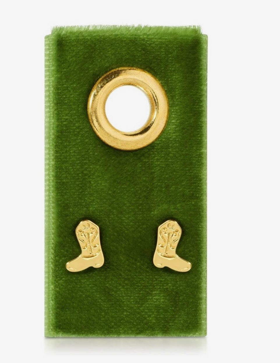 Pair of gold cowboy boot stud earrings displayed on a green velvet jewelry card with gold grommet