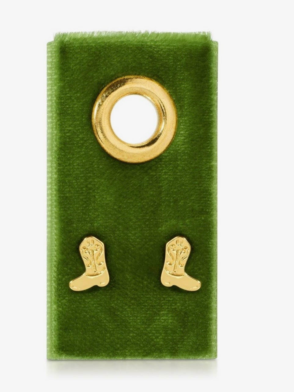 Pair of gold cowboy boot stud earrings displayed on a green velvet jewelry card with gold grommet