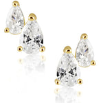 Gold stud earrings featuring two pear-shaped clear crystals in different sizes on each ear, displayed against white backgroun