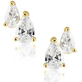Gold stud earrings featuring two pear-shaped clear crystals in different sizes on each ear, displayed against white backgroun