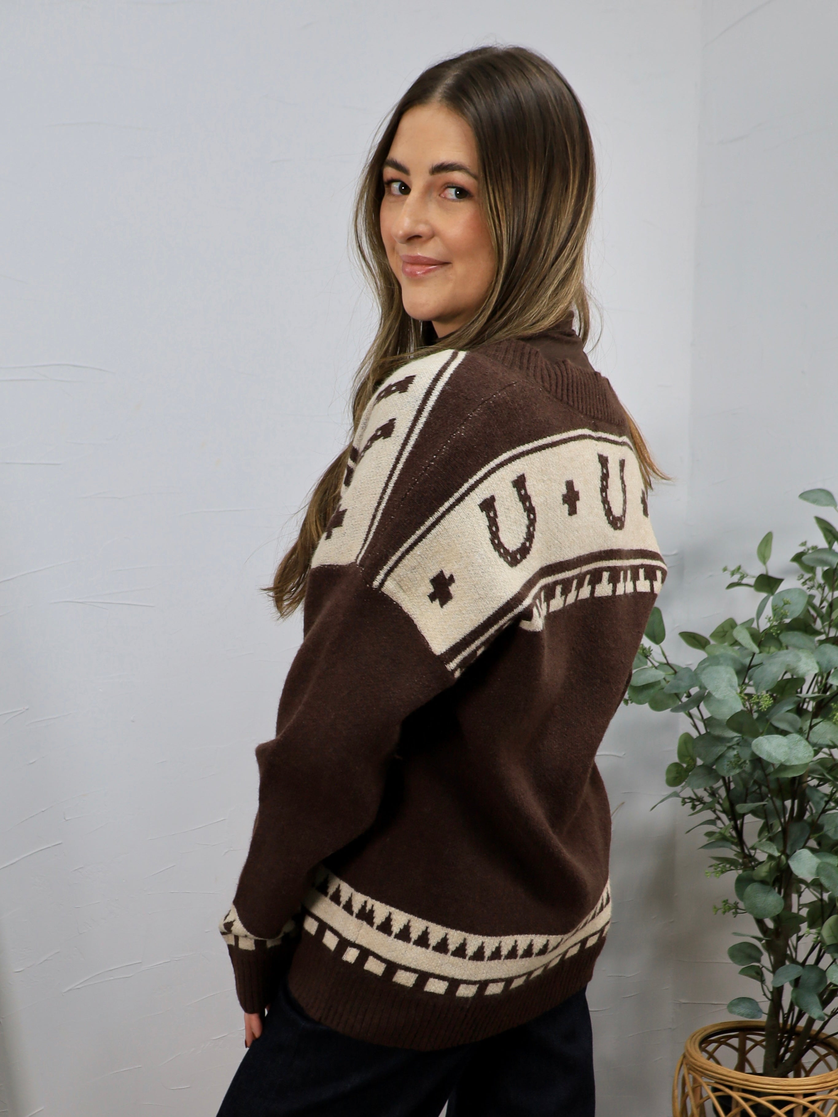Brown and cream Aztec-patterned oversized knit cardigan shown from the back on a female model.