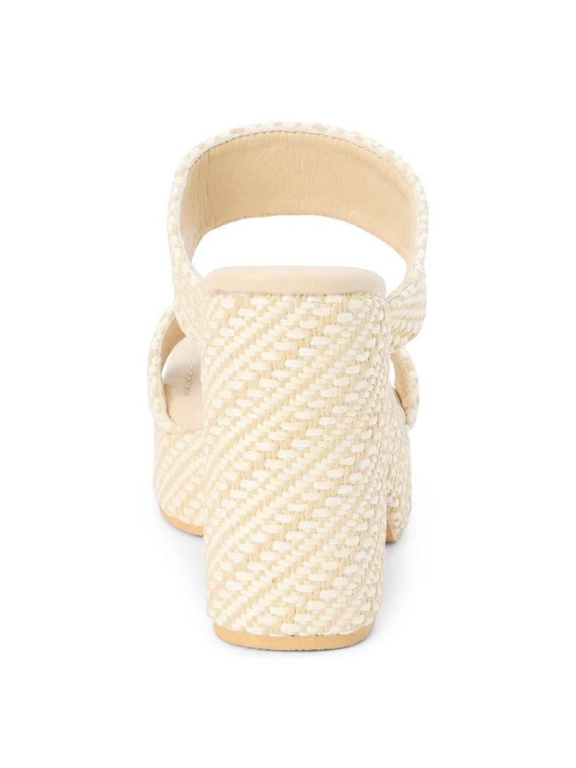 Cream woven raffia block heel sandal with double straps, shown from back view.