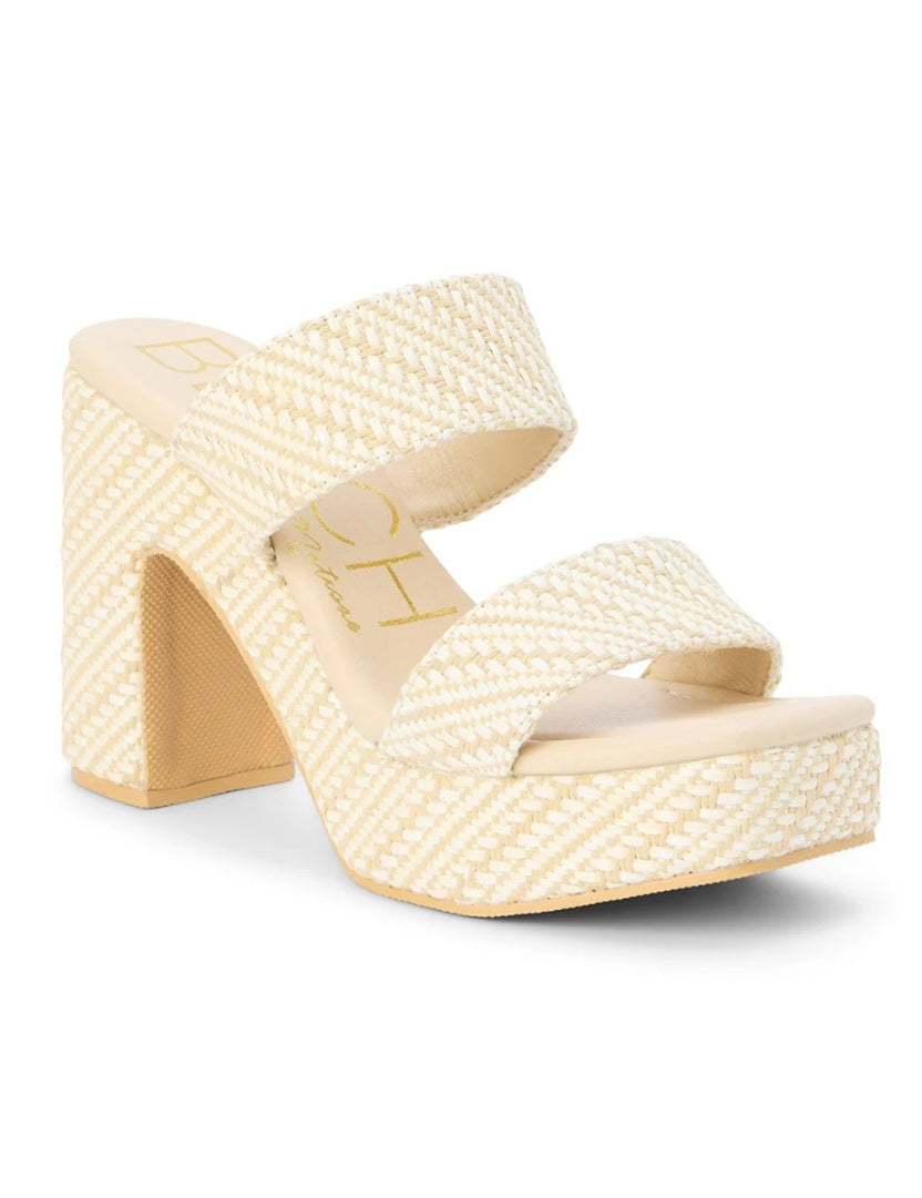 Cream woven raffia platform block heel sandal with two wide straps and chunky heel