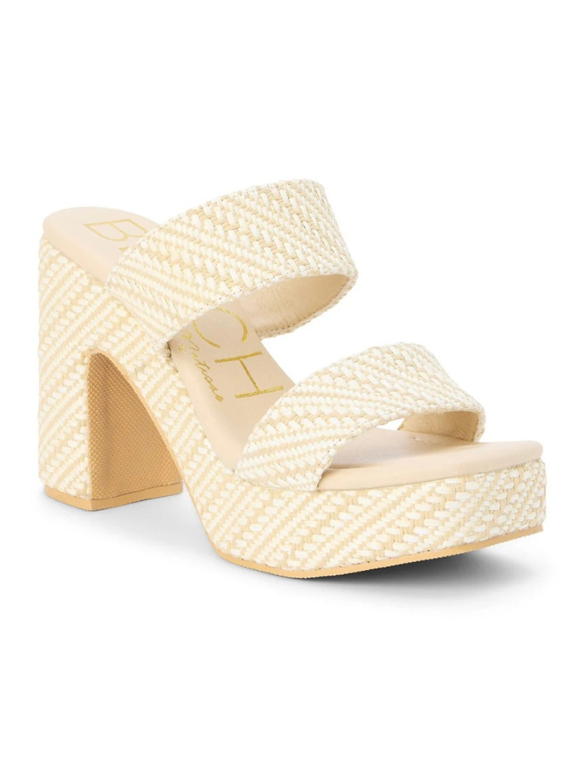 Cream woven raffia platform block heel sandal with two wide straps and chunky heel