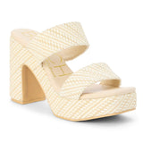 Cream woven raffia platform block heel sandal with two wide straps and chunky heel