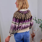 Adley Sweater in purple, brown, and cream Fair Isle pattern, styled with blue jeans, back view shown.