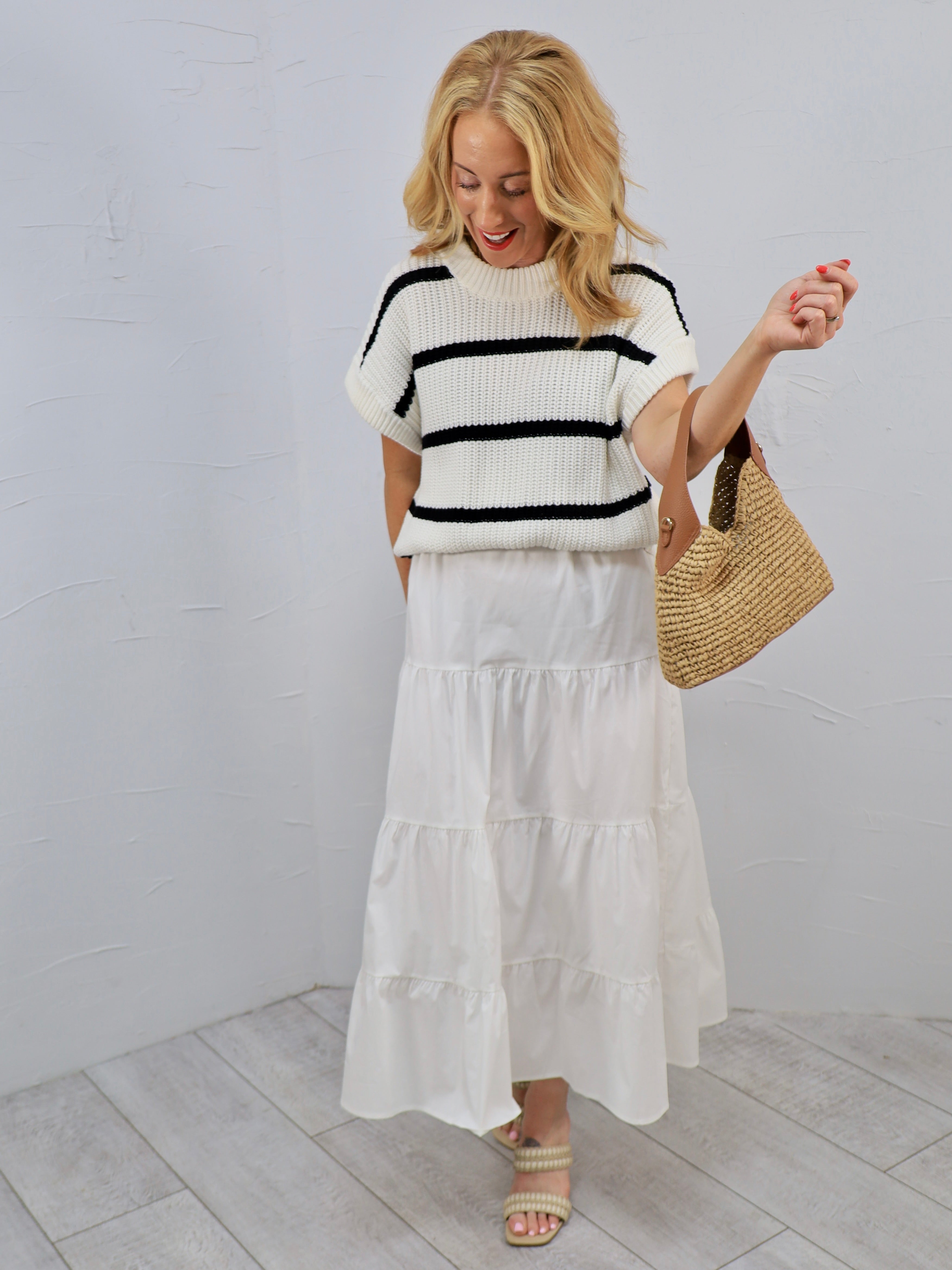 Elan Women's Sweater Combo Tiered A-Line Dress - White Beige