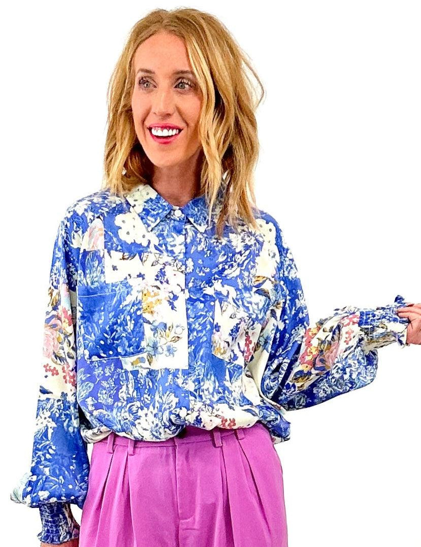 bright blue satin blouse