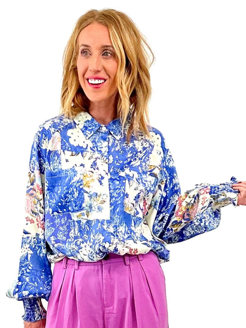 bright blue satin blouse