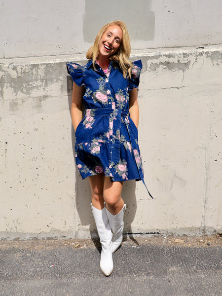 Devin's Floral Denim Mini Dress Alden+Rose LLC Devin's Floral Denim Mini Dress Alden+Rose LLC