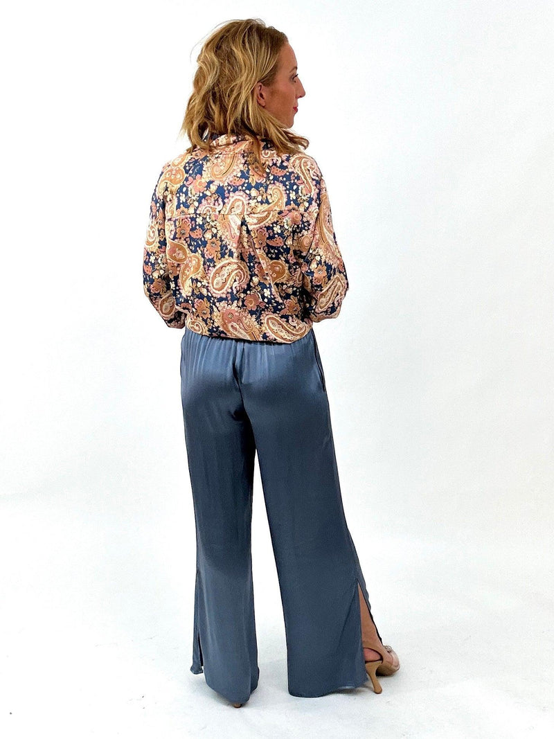 blue satin pant with flared leg