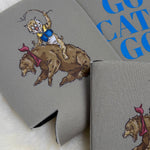 Gray neoprene koozie featuring illustrated wildcat riding a bear, with "Go Cats Go" text in blue.