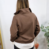 Brown pullover sweatshirt with mock neck, worn over white shirt with dark jeans, back view.