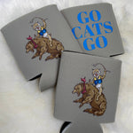 Gray foam koozies with wildcat riding bear illustration and blue Go Cats Go text on fur background