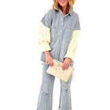 denim shacket with crochet cream arms