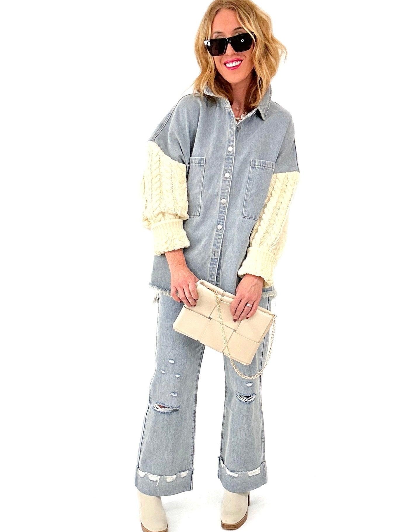 denim shacket with crochet cream arms