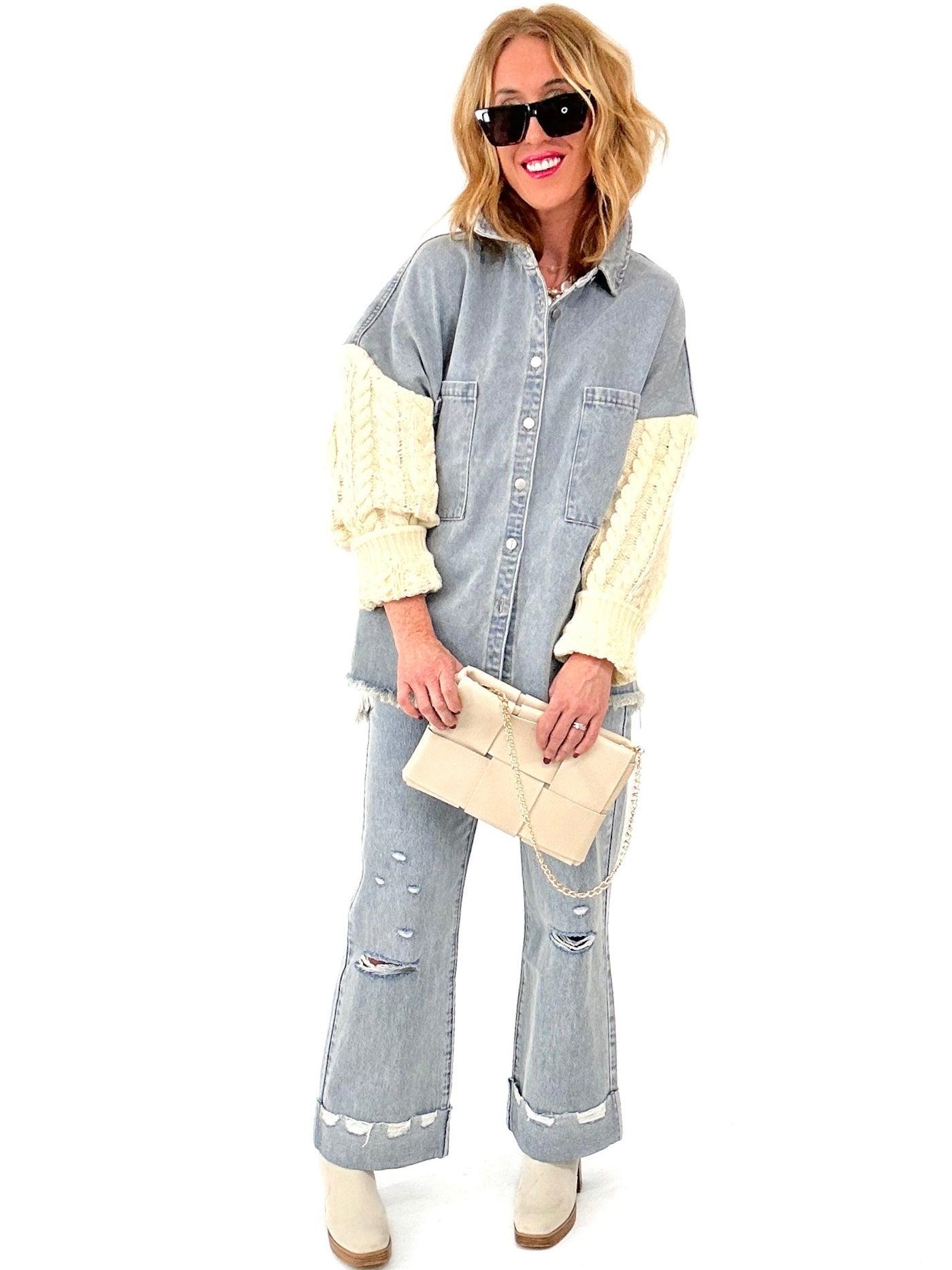 denim shacket with crochet cream arms