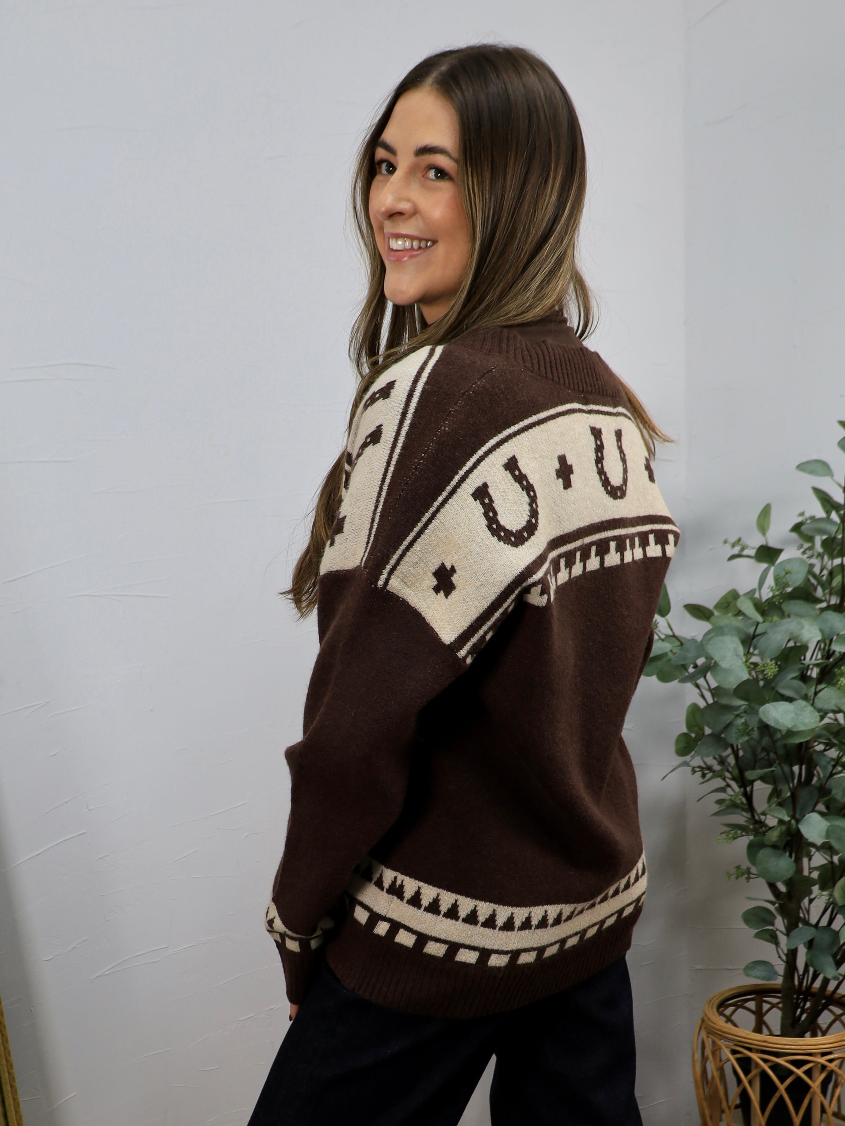 Brown and cream knit cardigan with horseshoe pattern, modeled from the back, showing geometric western-inspired design.
