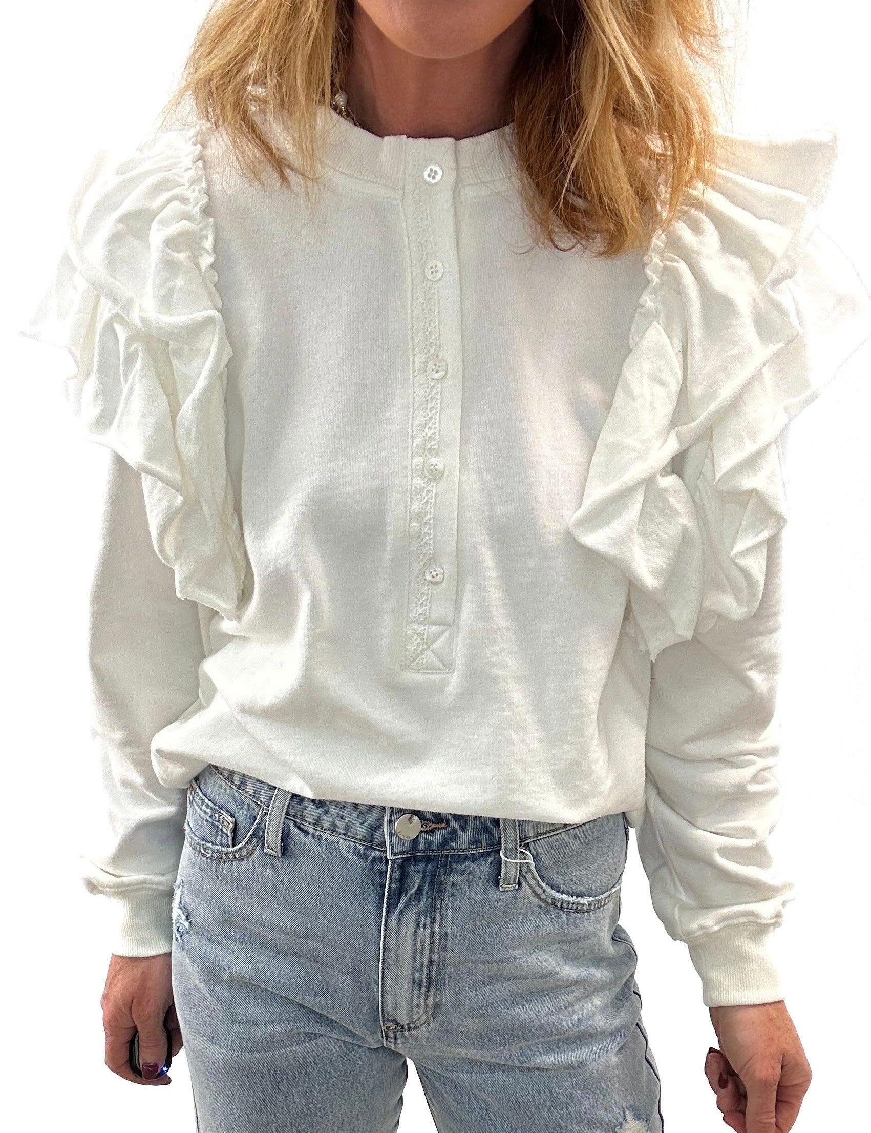 ruffled white sweater