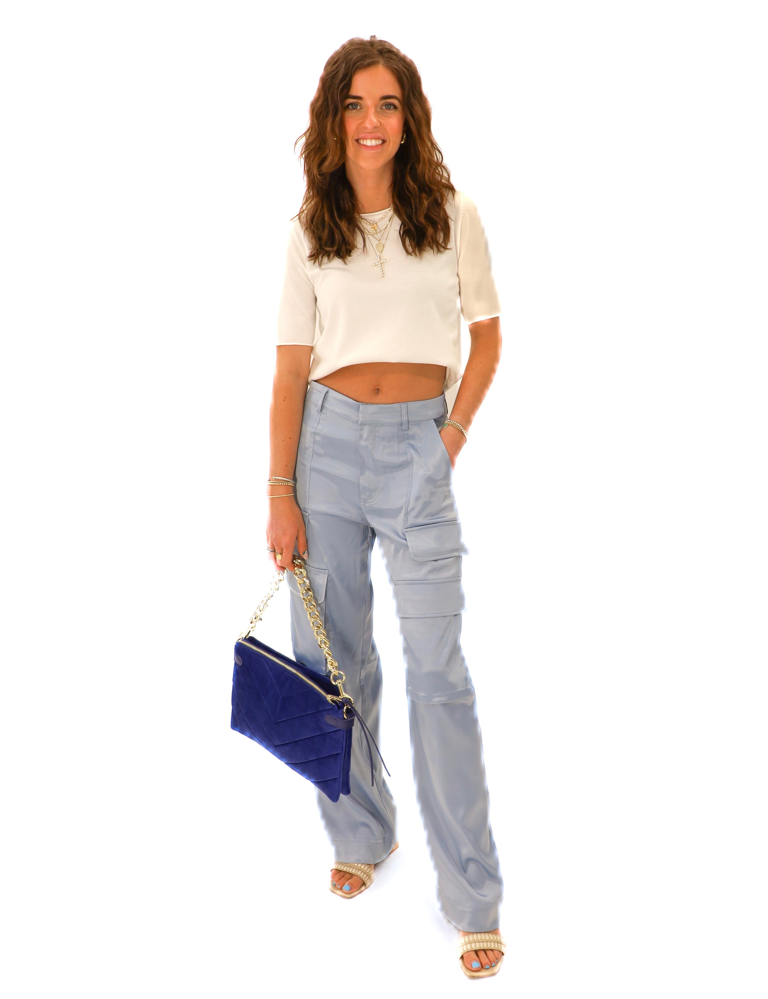 Blue satin cargo pant 