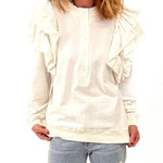 white sweater with ruffle detail