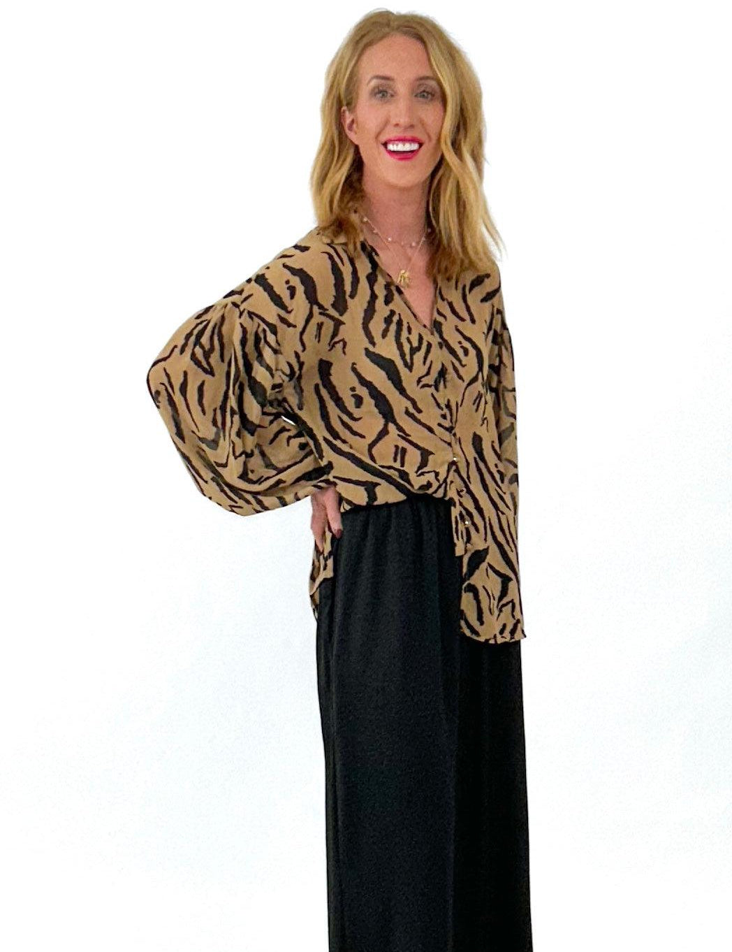 animal print blouse brown and black