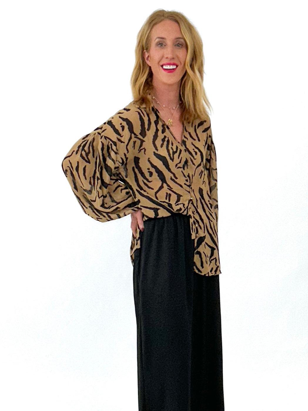 animal print blouse brown and black